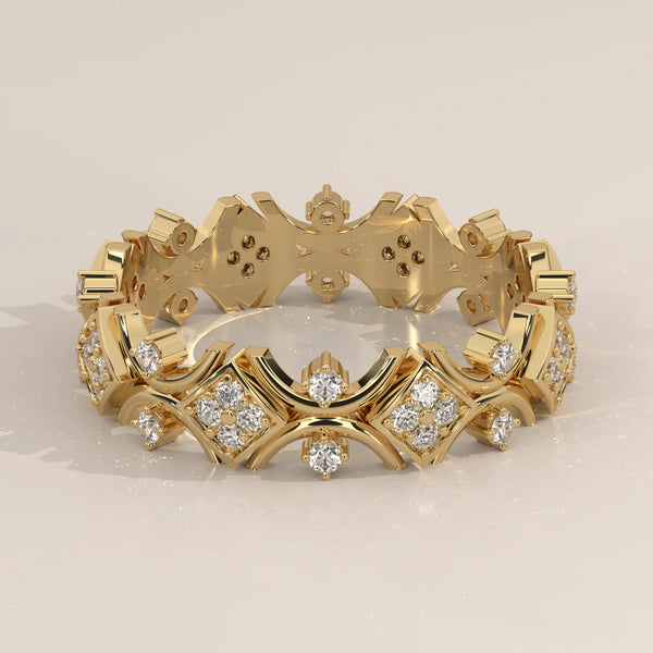 Three-Quarter View: Round Diamond Eternity Band with Eternity Setting in Yellow Gold – Lab Grown – Driona Jewels