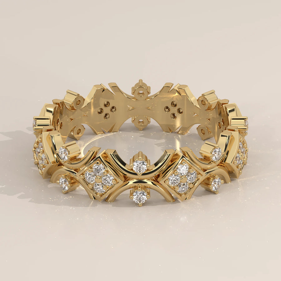 Three-Quarter View: Round Diamond Eternity Band with Eternity Setting in Yellow Gold – Lab Grown – Driona Jewels