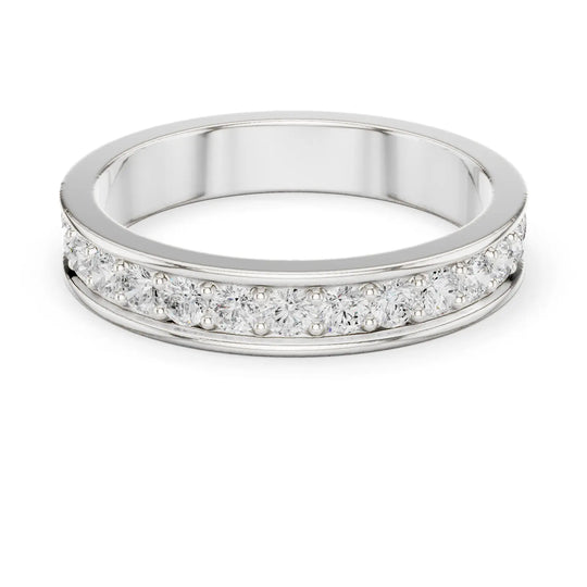 Angle View: Round Diamond Wedding Band with Bead Setting in 14K White Gold – Lab Grown – Driona Jewels
