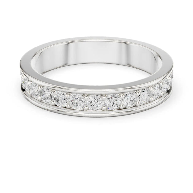 Angle View: Round Diamond Wedding Band with Bead Setting in 14K White Gold – Lab Grown – Driona Jewels
