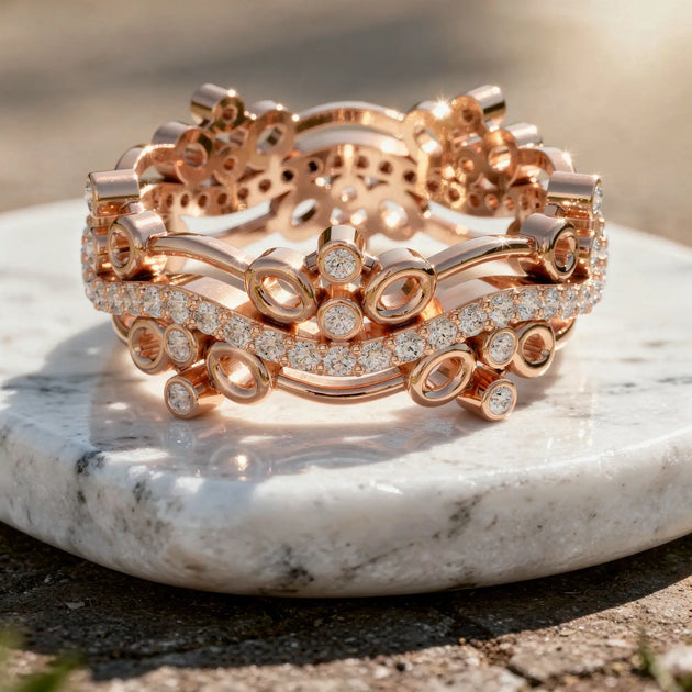 Close-up: Round Diamond Wedding Band with Pave Setting in 14k Rose Gold - Lab Grown - Driona Jewels