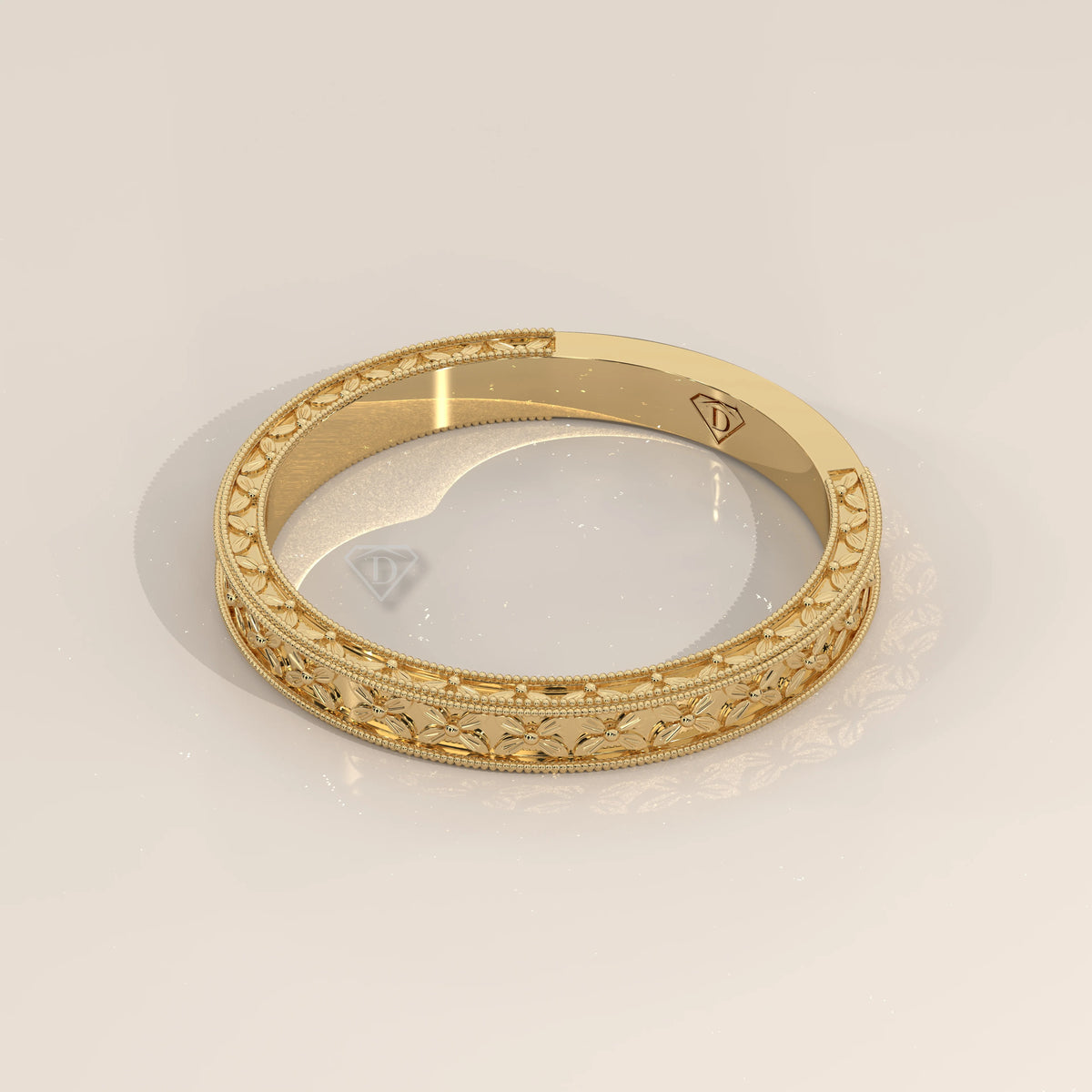 Wheat Sheaf Engraved Gold Band with Fine Milgrain Borders, front view on a plain background.