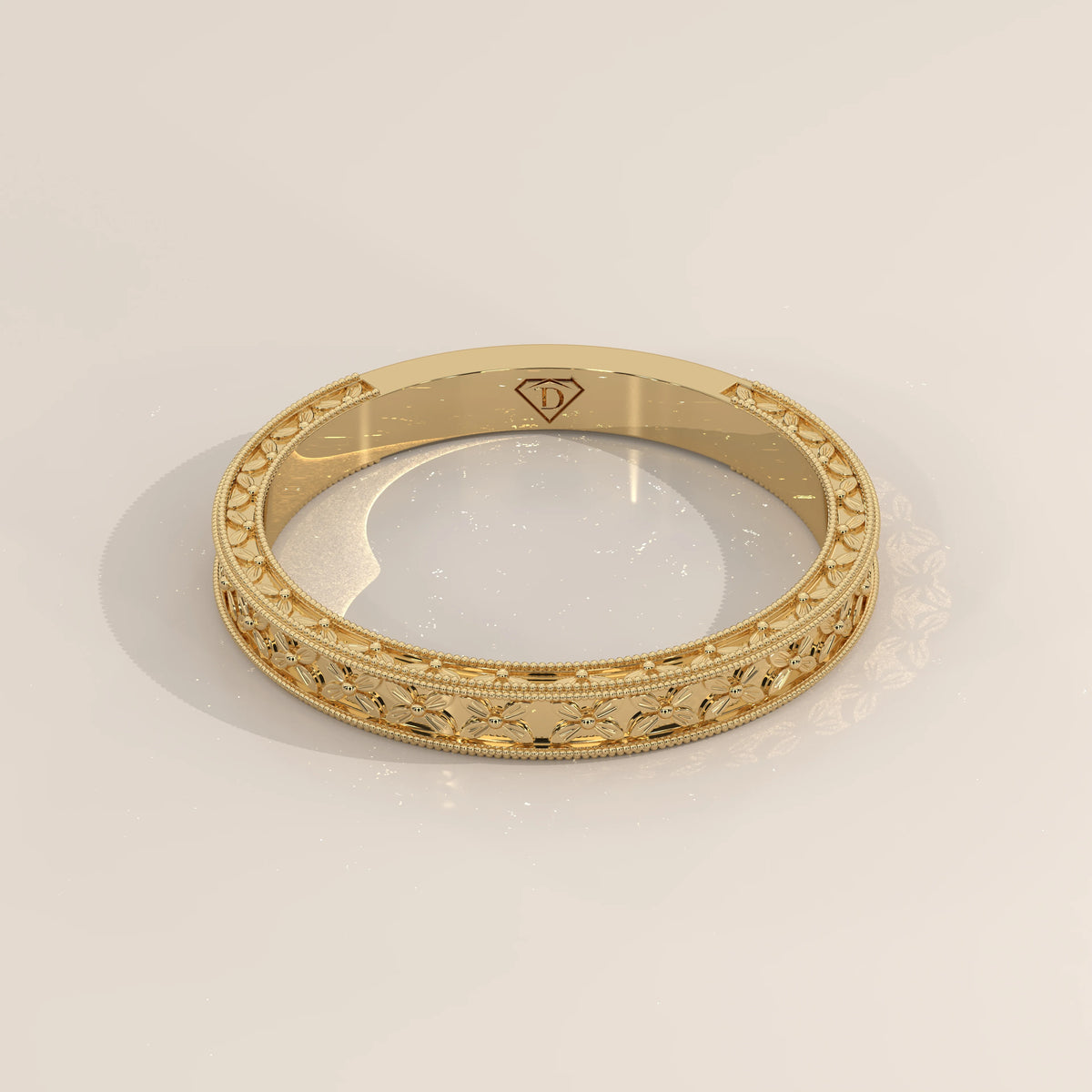 Wheat Sheaf Engraved Gold Band with Fine Milgrain Borders, shown from the front.