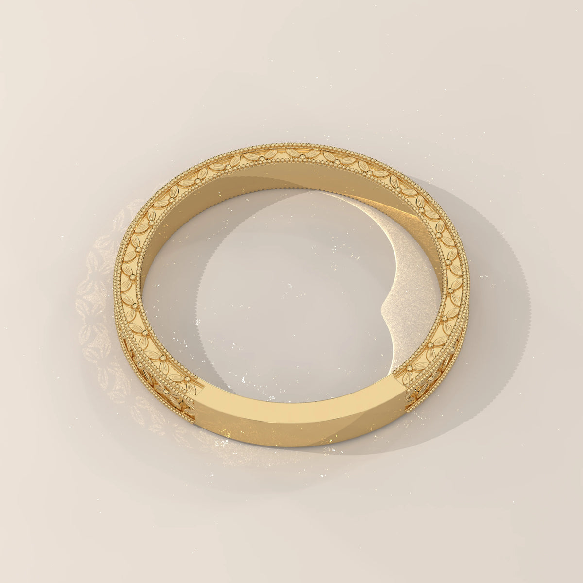 Wheat Sheaf Engraved Gold Band with Fine Milgrain Borders, shown on a plain background.