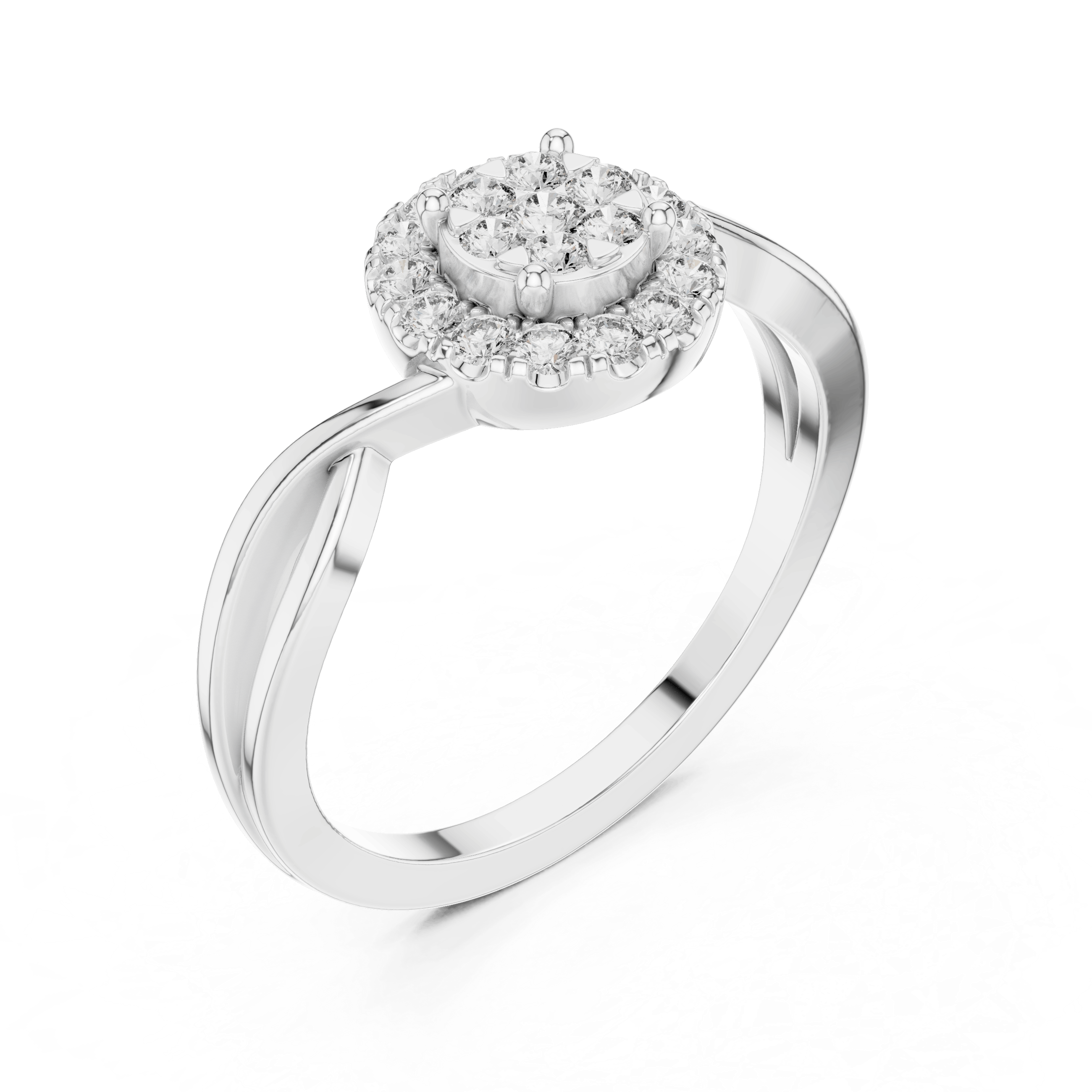 18K White Gold Diamond Engagement Ring featuring Cluster Halo Infinity Split Shank style with Luxury finish for women - Perfect Bridal & Anniversary Gift - 45 Degree Angled View