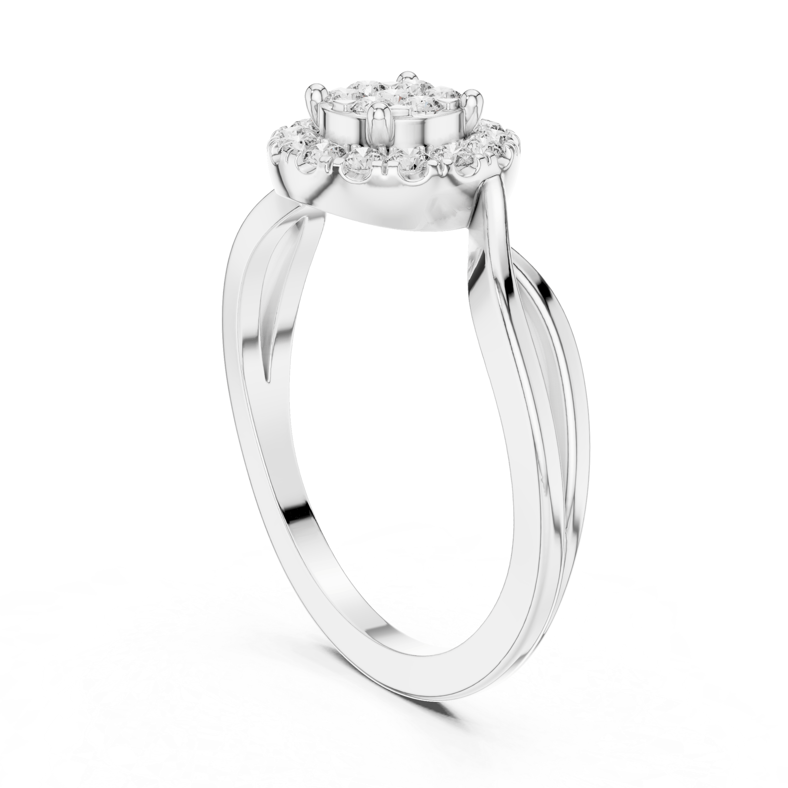 18K White Gold Diamond Engagement Ring featuring Cluster Halo Infinity Split Shank style with Luxury finish for women - Perfect Bridal & Anniversary Gift - 45 Degree Angled View