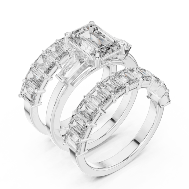 18K White Gold Diamond Bridal Ring Set featuring Emerald Cut Stackable Eternity style with Luxury finish for women - Perfect Wedding & Anniversary Gift - 45 Degree Angled View