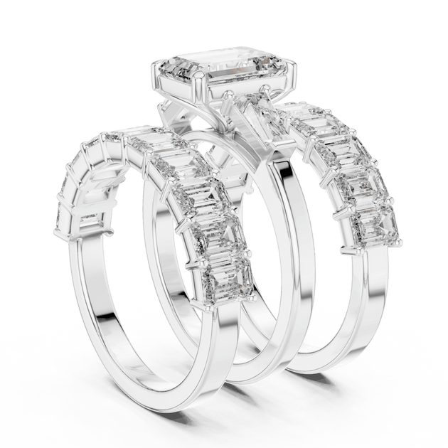 18K White Gold Diamond Bridal Ring Set featuring Emerald Cut Stackable Eternity style with Luxury finish for women - Perfect Wedding & Anniversary Gift - 45 Degree Angled View