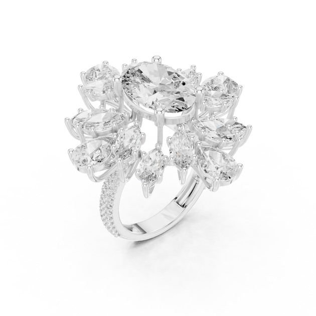 18K White Gold Diamond Cocktail Ring featuring Oval Starburst Marquise Pave style with Luxury finish for women - Perfect Statement & Bridal Gift - 45 Degree Angled View
