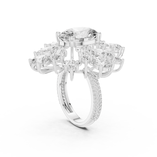 18K White Gold Diamond Cocktail Ring featuring Oval Starburst Marquise Pave style with Luxury finish for women - Perfect Statement & Bridal Gift - 45 Degree Angled View