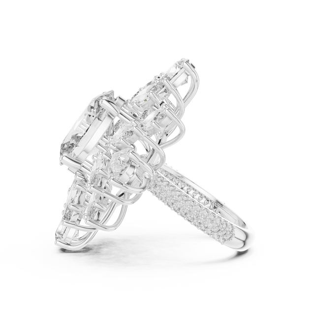 18K White Gold Diamond Cocktail Ring featuring Oval Starburst Marquise Pave style with Luxury finish for women - Perfect Statement & Bridal Gift - Side View