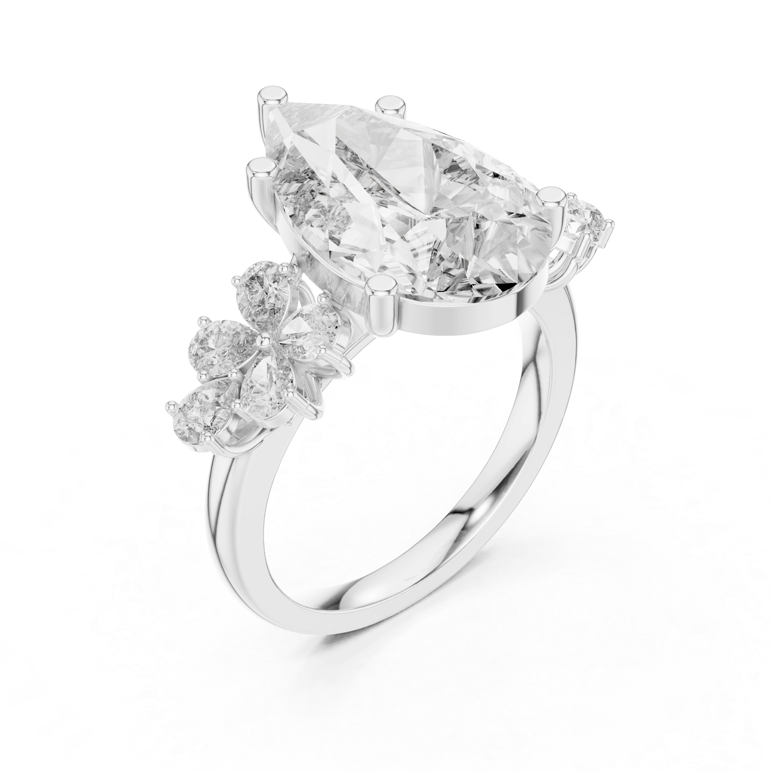 18K White Gold Diamond Engagement Ring featuring Pear Shaped Floral Cluster style with Luxury finish for women - Perfect Bridal & Anniversary Gift - 45 Degree Angled View