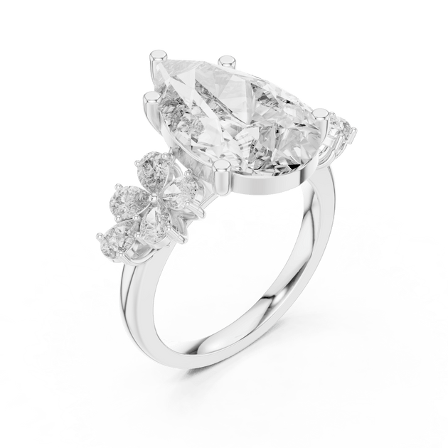 18K White Gold Diamond Engagement Ring featuring Pear Shaped Floral Cluster style with Luxury finish for women - Perfect Bridal & Anniversary Gift - 45 Degree Angled View
