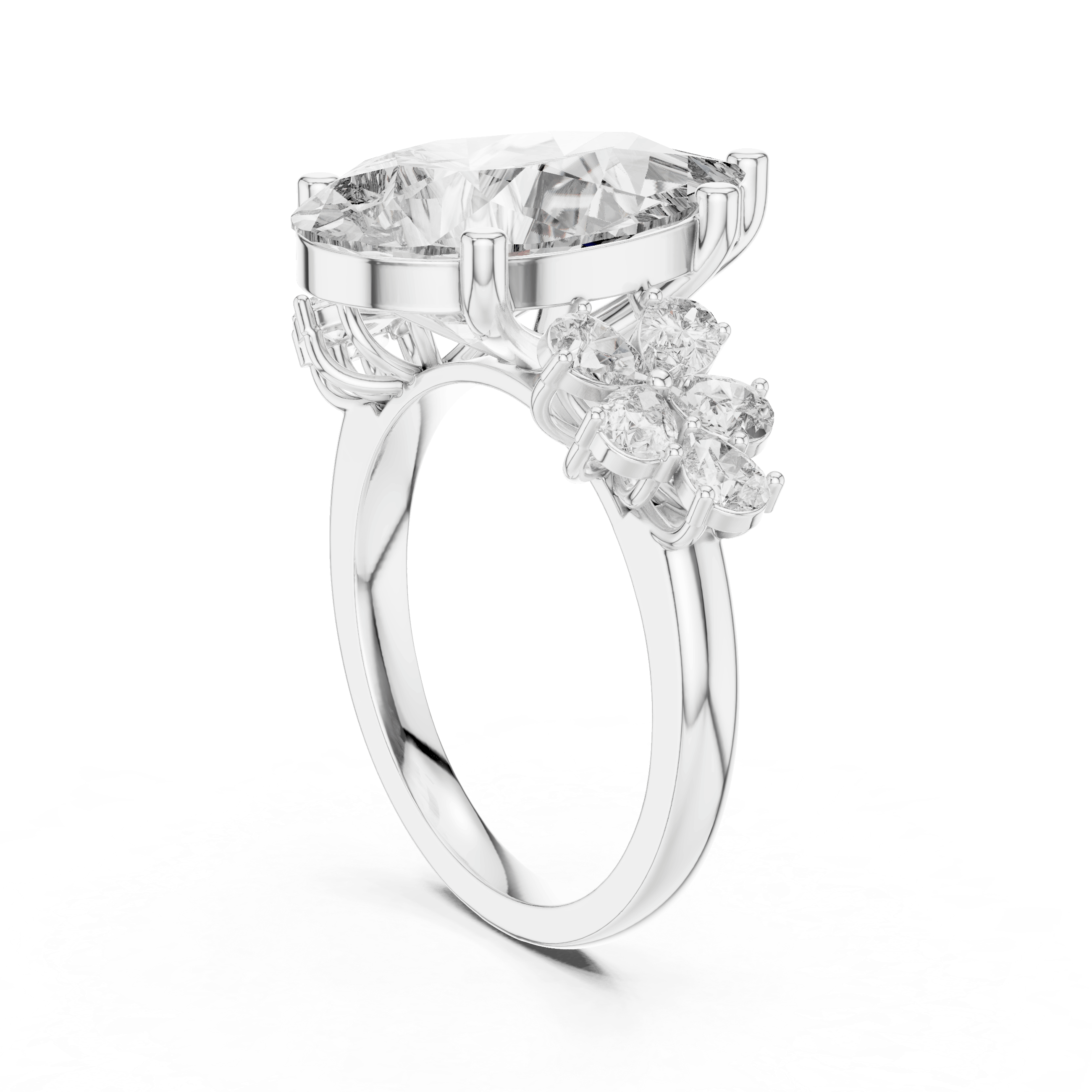 18K White Gold Diamond Engagement Ring featuring Pear Shaped Floral Cluster style with Luxury finish for women - Perfect Bridal & Anniversary Gift - 45 Degree Angled View