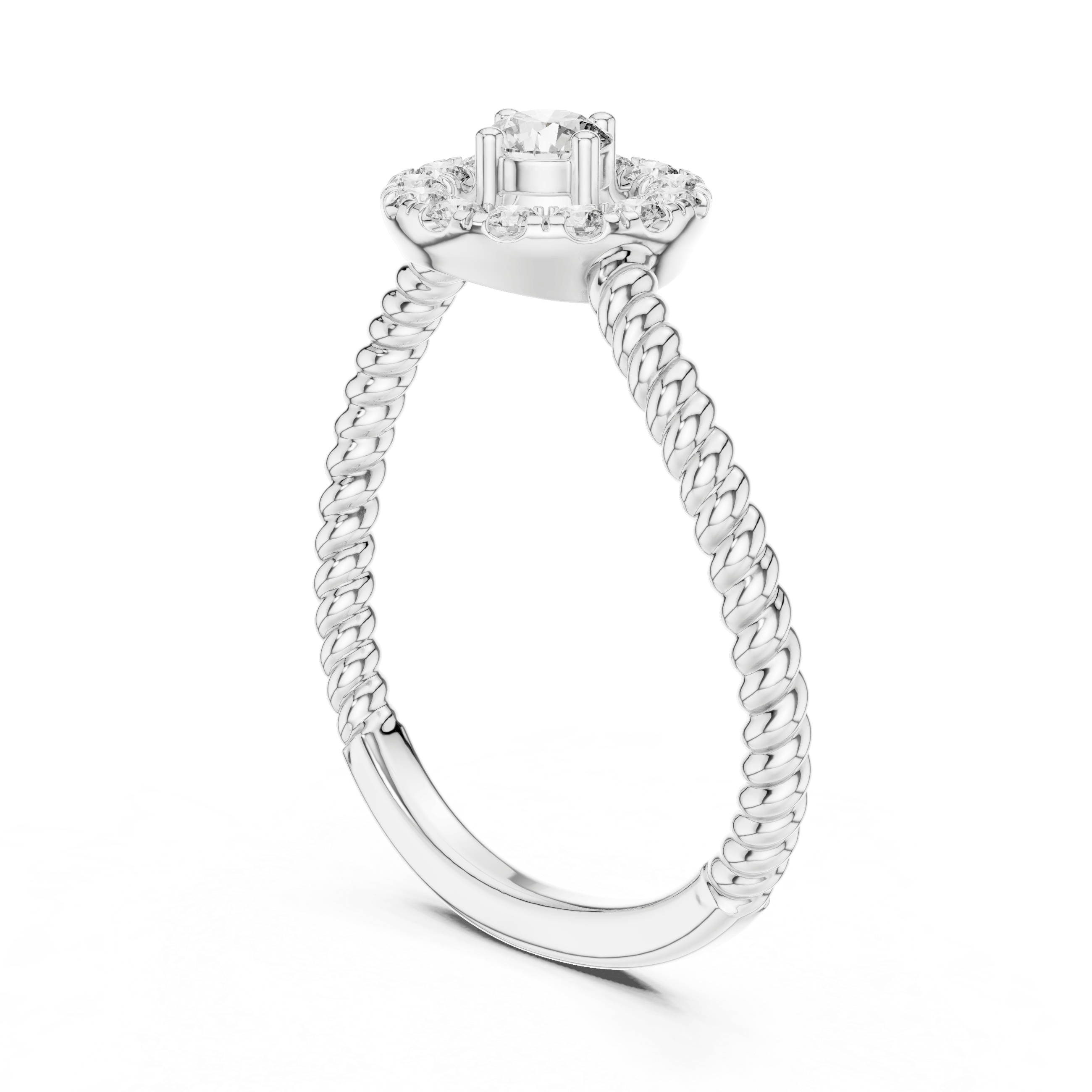 18K White Gold Diamond Engagement Ring featuring Round Halo Twisted Rope style with Luxury finish for women - Perfect Bridal & Anniversary Gift - 45 Degree Angled View