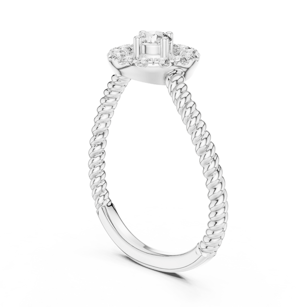 18K White Gold Diamond Engagement Ring featuring Round Halo Twisted Rope style with Luxury finish for women - Perfect Bridal & Anniversary Gift - 45 Degree Angled View