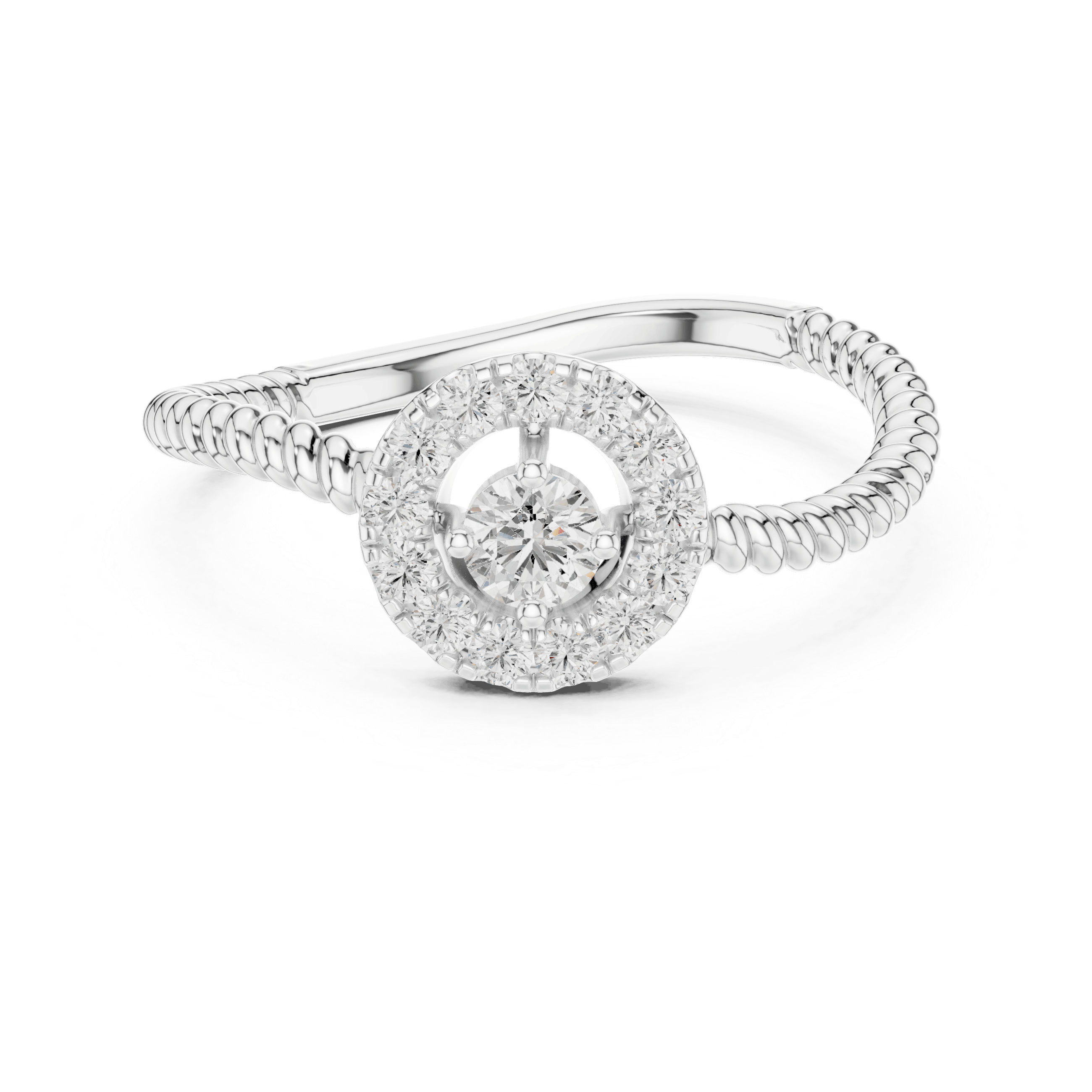 18K White Gold Diamond Engagement Ring featuring Round Halo Twisted Rope style with Luxury finish for women - Perfect Bridal & Anniversary Gift - 45 Degree Angled View