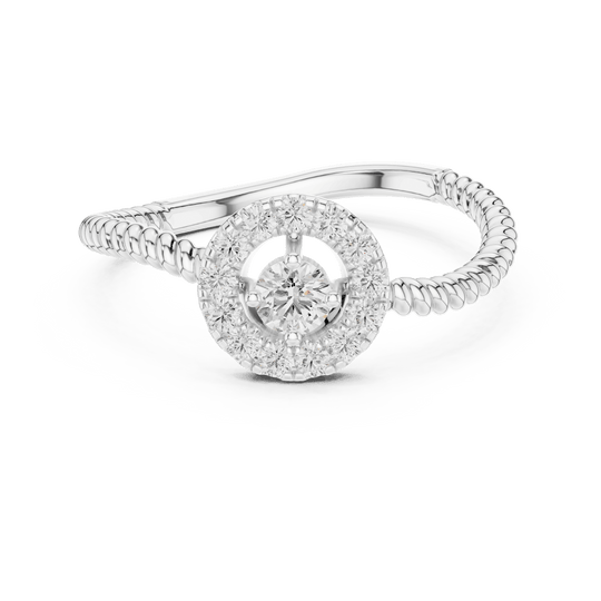 18K White Gold Diamond Engagement Ring featuring Round Halo Twisted Rope style with Luxury finish for women - Perfect Bridal & Anniversary Gift - 45 Degree Angled View