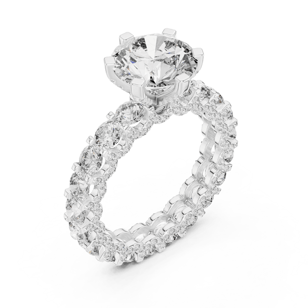 18K White Gold Diamond Engagement Ring featuring Round Brilliant Triple Row Eternity style with Luxury finish for women - Perfect Bridal & Anniversary Gift - 45 Degree Angled View