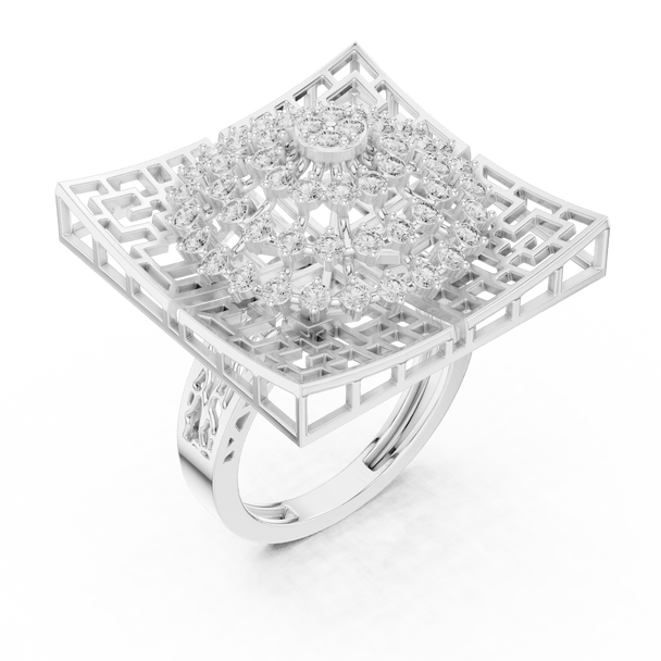 18K White Gold Diamond Cocktail Ring featuring Square Lattice Geometric Fretwork style with Luxury finish for women - Perfect Statement & Festive Gift - 45 Degree Angled View
