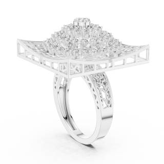 18K White Gold Diamond Cocktail Ring featuring Square Lattice Geometric Fretwork style with Luxury finish for women - Perfect Statement & Festive Gift - 45 Degree Angled View