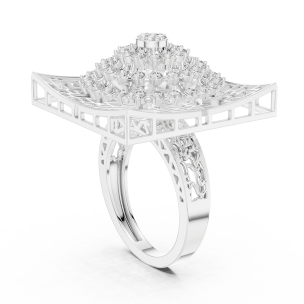 18K White Gold Diamond Cocktail Ring featuring Square Lattice Geometric Fretwork style with Luxury finish for women - Perfect Statement & Festive Gift - 45 Degree Angled View
