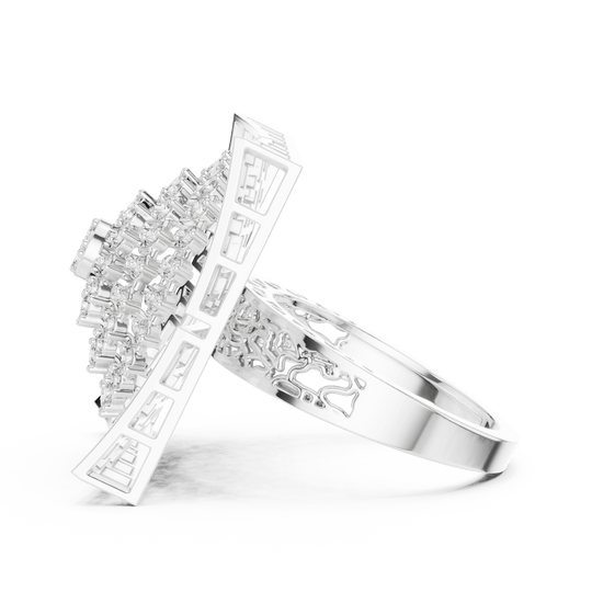 18K White Gold Diamond Cocktail Ring featuring Square Lattice Geometric Fretwork style with Luxury finish for women - Perfect Statement & Festive Gift - Side View