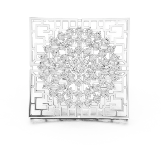 18K White Gold Diamond Cocktail Ring featuring Square Lattice Geometric Fretwork style with Luxury finish for women - Perfect Statement & Festive Gift - Top View