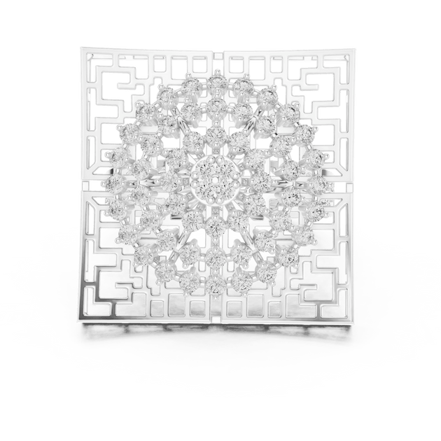 18K White Gold Diamond Cocktail Ring featuring Square Lattice Geometric Fretwork style with Luxury finish for women - Perfect Statement & Festive Gift - Top View