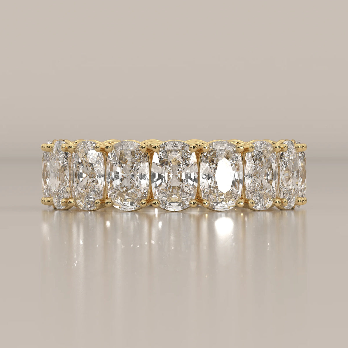 Wide Double Row Cushion Cut Diamond Eternity Band in Gold in yellow gold, photographed head-on.