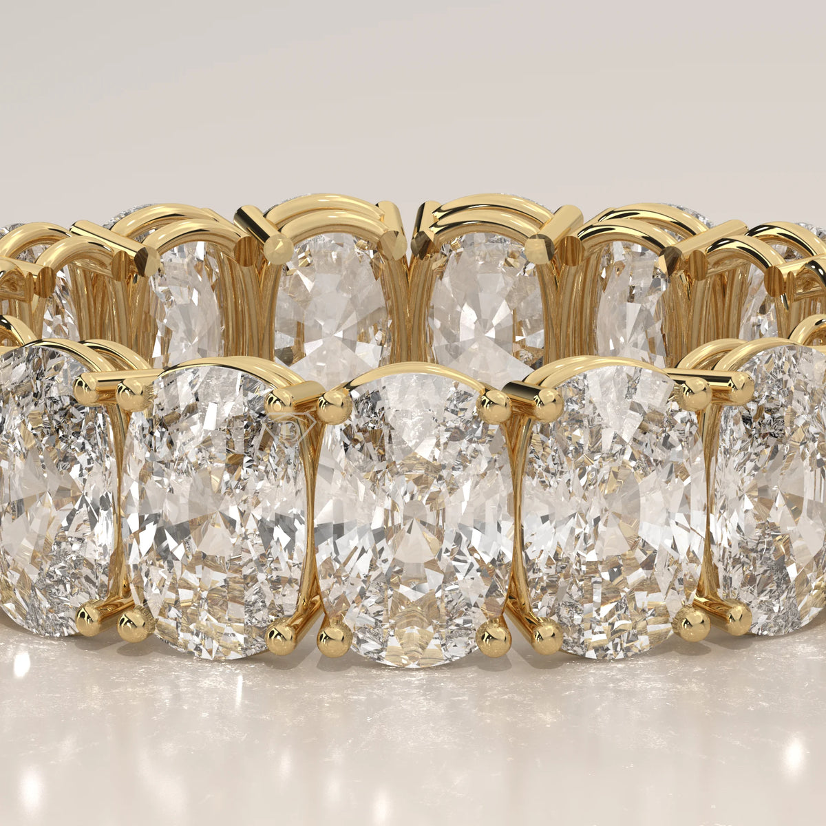 Wide Double Row Cushion Cut Diamond Eternity Band in Gold in yellow gold, product photograph on a plain background.
