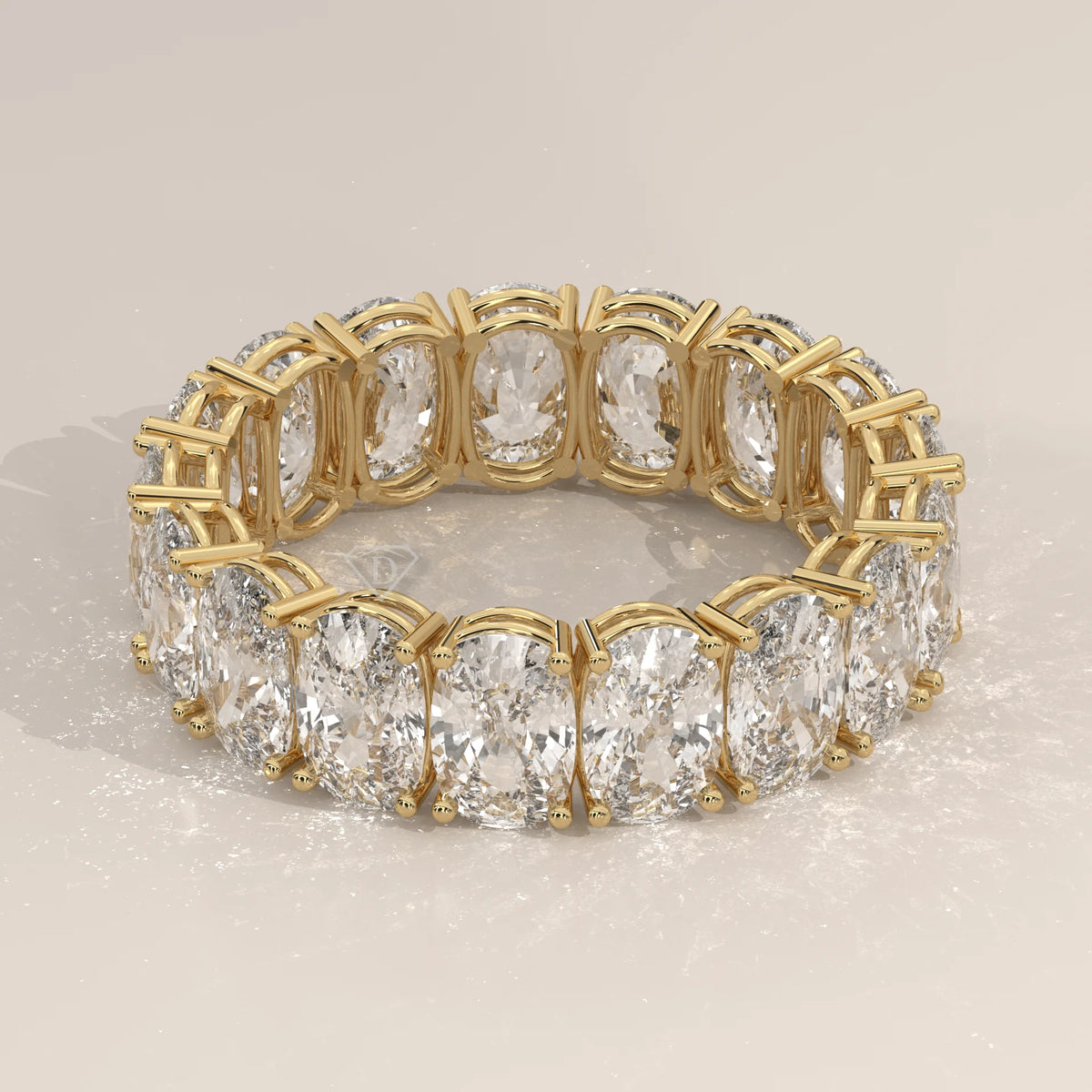 Wide Double Row Cushion Cut Diamond Eternity Band in Gold in yellow gold, shown from the side.