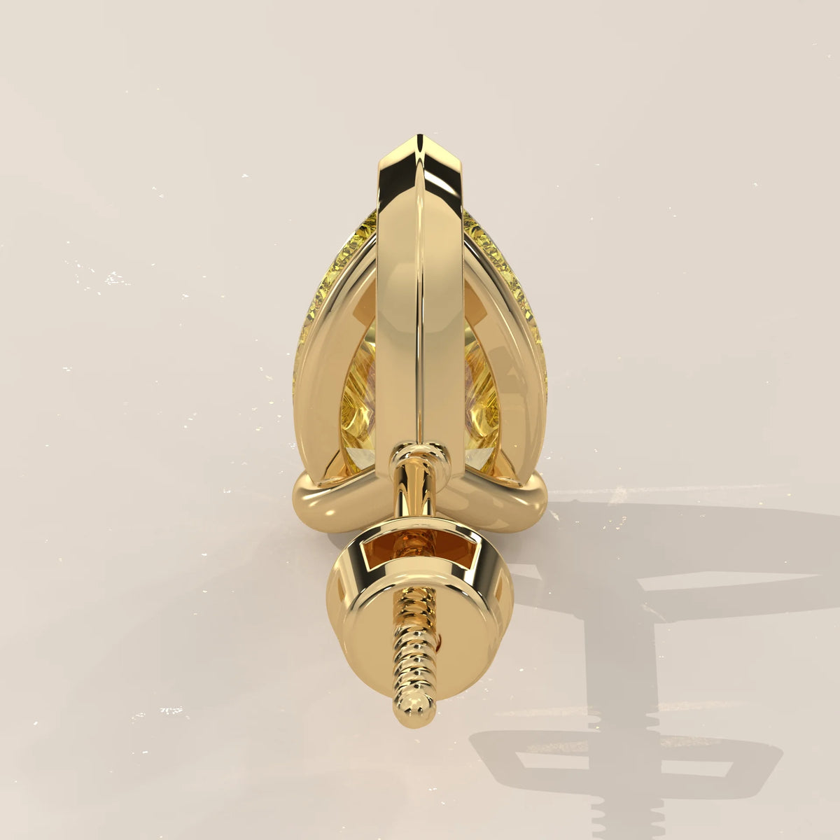 Back View: Pear Yellow Diamond Single Stud Earring with 3-Prong Setting in 14K Yellow Gold – Lab Grown – Driona Jewels