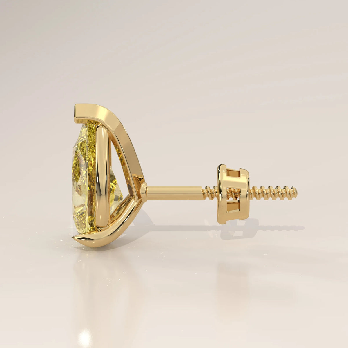 Side View: Pear Yellow Diamond Single Stud Earring with 3-Prong Setting in 14K Yellow Gold – Lab Grown – Driona Jewels