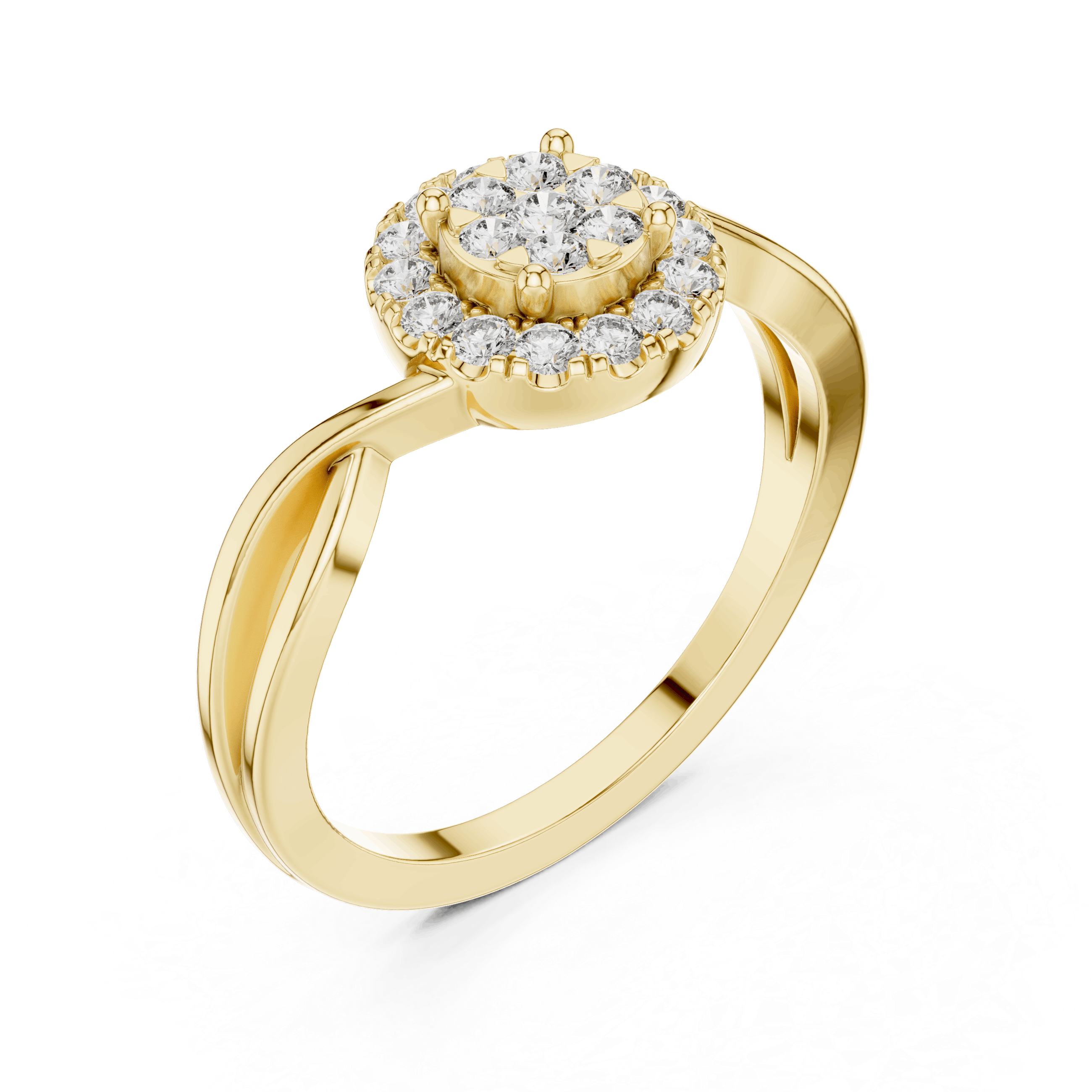 18K Yellow Gold Diamond Engagement Ring featuring Cluster Halo Infinity Split Shank style with Luxury finish for women - Perfect Bridal & Anniversary Gift - 45 Degree Angled View