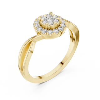 18K Yellow Gold Diamond Engagement Ring featuring Cluster Halo Infinity Split Shank style with Luxury finish for women - Perfect Bridal & Anniversary Gift - 45 Degree Angled View