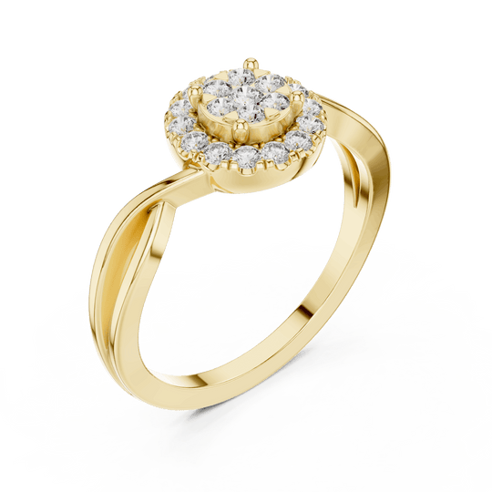 18K Yellow Gold Diamond Engagement Ring featuring Cluster Halo Infinity Split Shank style with Luxury finish for women - Perfect Bridal & Anniversary Gift - 45 Degree Angled View