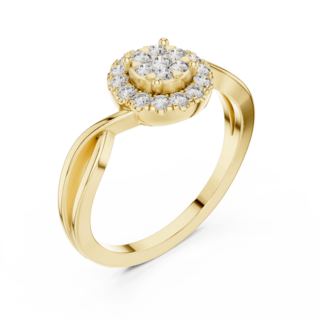 18K Yellow Gold Diamond Engagement Ring featuring Cluster Halo Infinity Split Shank style with Luxury finish for women - Perfect Bridal & Anniversary Gift - 45 Degree Angled View