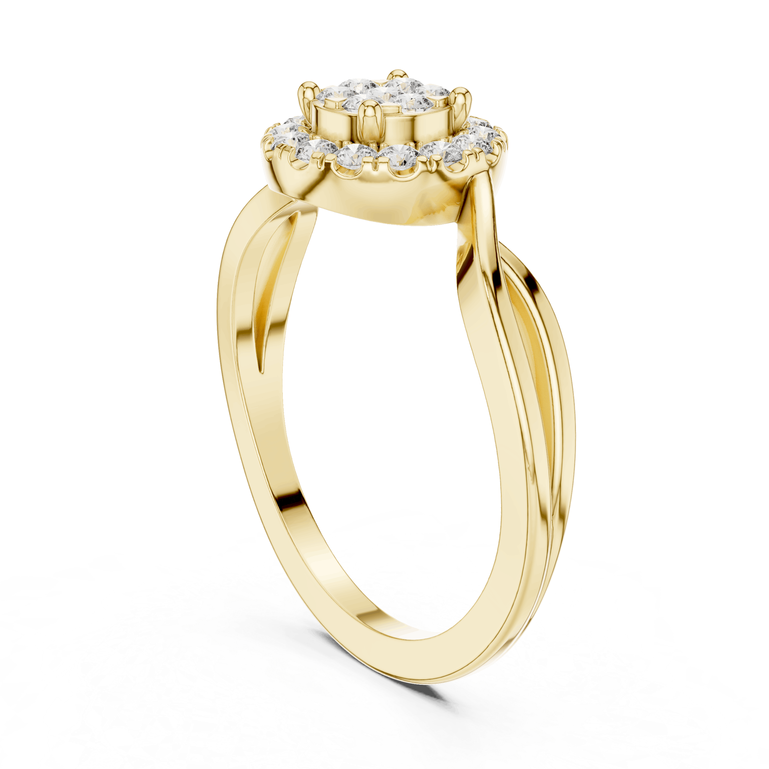 18K Yellow Gold Diamond Engagement Ring featuring Cluster Halo Infinity Split Shank style with Luxury finish for women - Perfect Bridal & Anniversary Gift - 45 Degree Angled View
