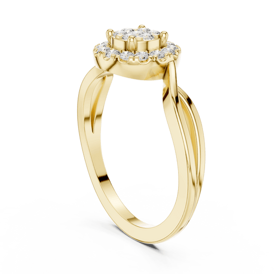 18K Yellow Gold Diamond Engagement Ring featuring Cluster Halo Infinity Split Shank style with Luxury finish for women - Perfect Bridal & Anniversary Gift - 45 Degree Angled View