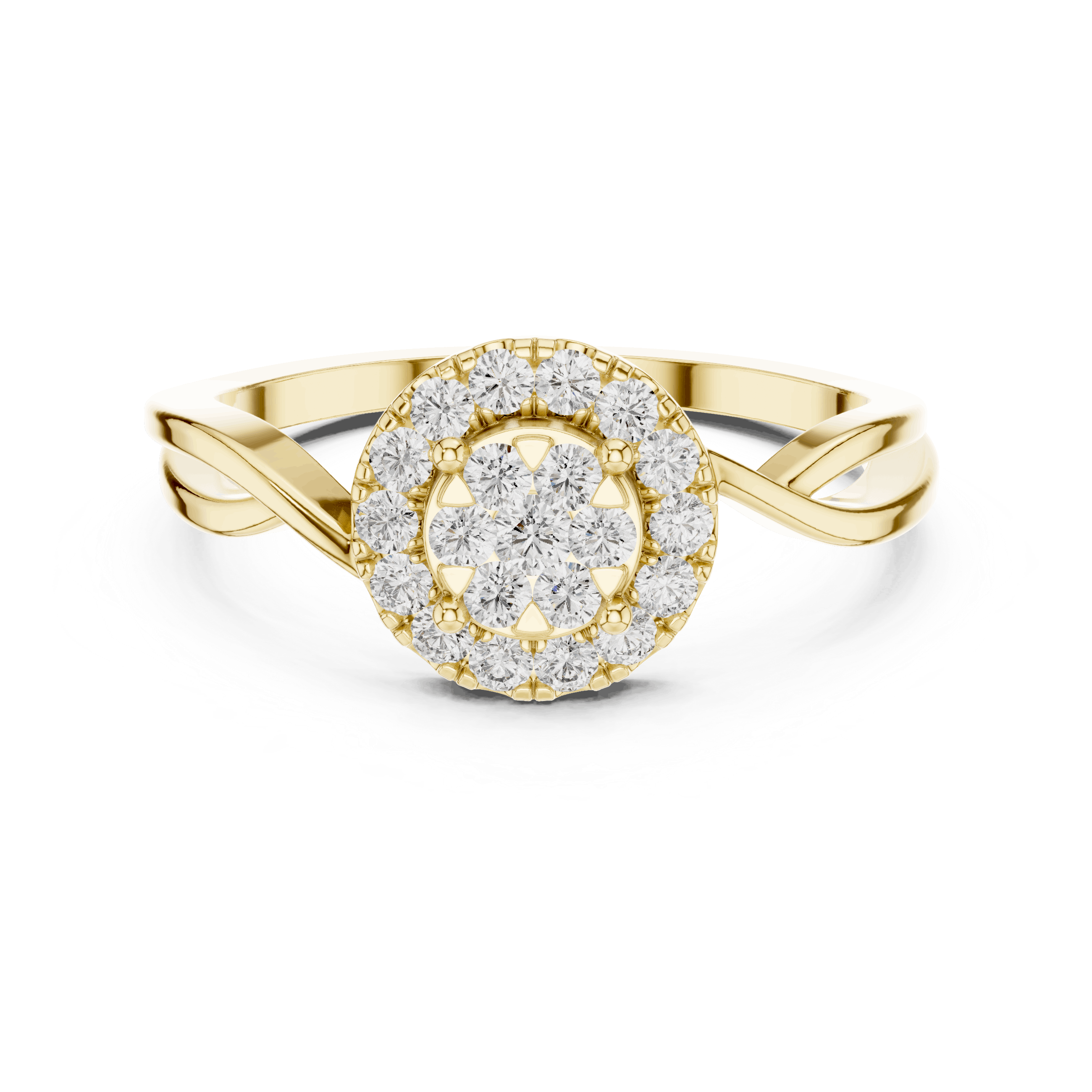 18K Yellow Gold Diamond Engagement Ring featuring Cluster Halo Infinity Split Shank style with Luxury finish for women - Perfect Bridal & Anniversary Gift - Top View