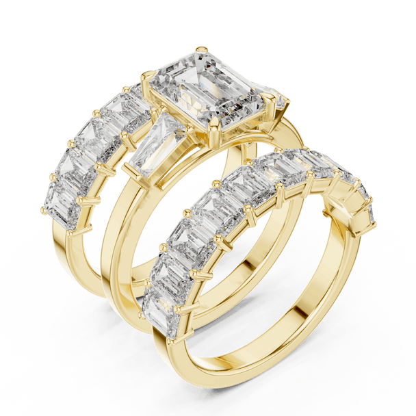 18K Yellow Gold Diamond Bridal Ring Set featuring Emerald Cut Stackable Eternity style with Luxury finish for women - Perfect Wedding & Anniversary Gift - 45 Degree Angled View