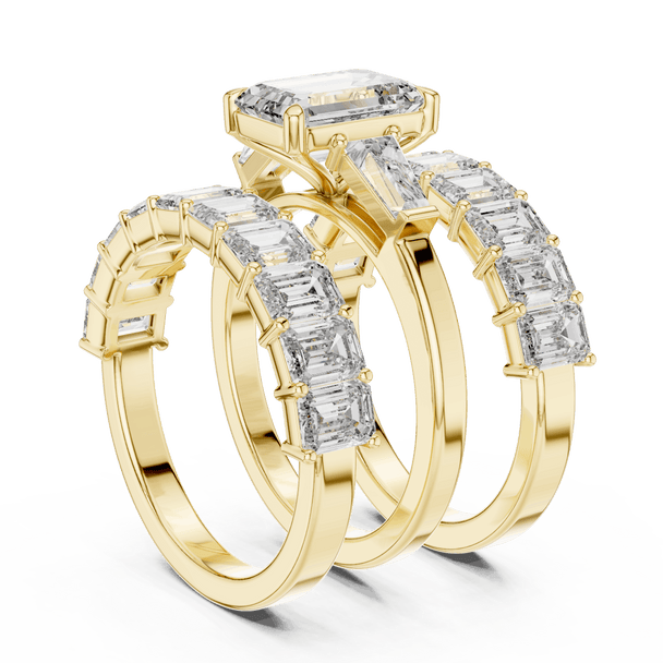 18K Yellow Gold Diamond Bridal Ring Set featuring Emerald Cut Stackable Eternity style with Luxury finish for women - Perfect Wedding & Anniversary Gift - 45 Degree Angled View
