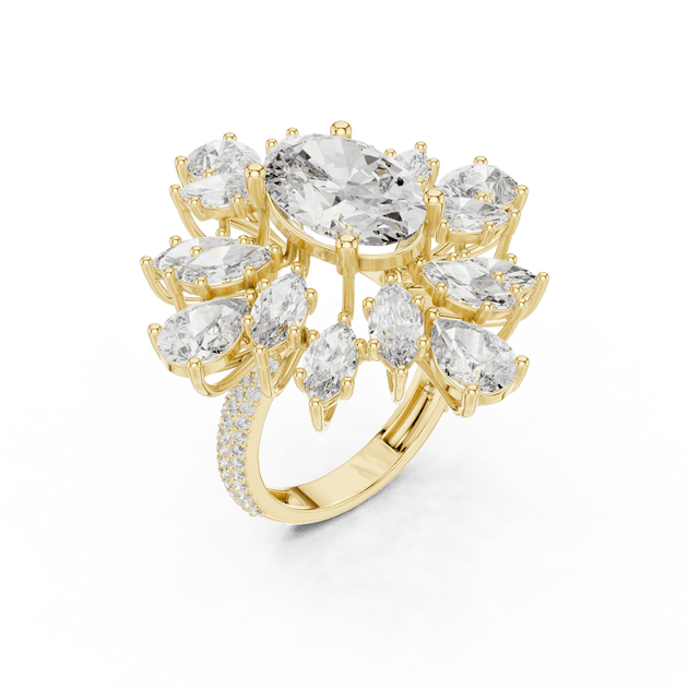 18K Yellow Gold Diamond Cocktail Ring featuring Oval Starburst Marquise Pave style with Luxury finish for women - Perfect Statement & Bridal Gift - 45 Degree Angled View