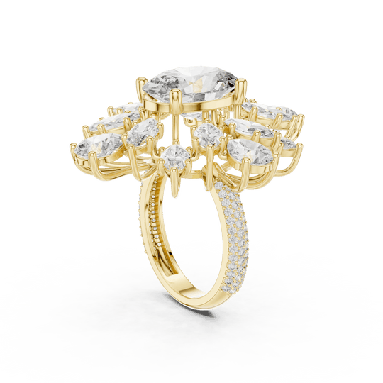 18K Yellow Gold Diamond Cocktail Ring featuring Oval Starburst Marquise Pave style with Luxury finish for women - Perfect Statement & Bridal Gift - 45 Degree Angled View