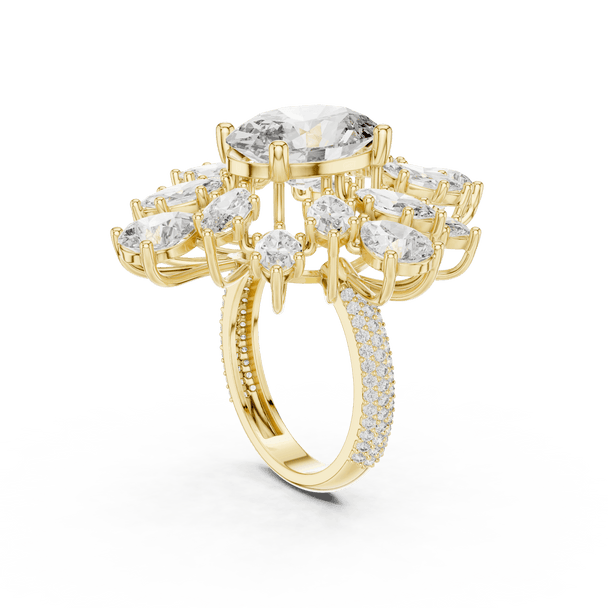 18K Yellow Gold Diamond Cocktail Ring featuring Oval Starburst Marquise Pave style with Luxury finish for women - Perfect Statement & Bridal Gift - 45 Degree Angled View