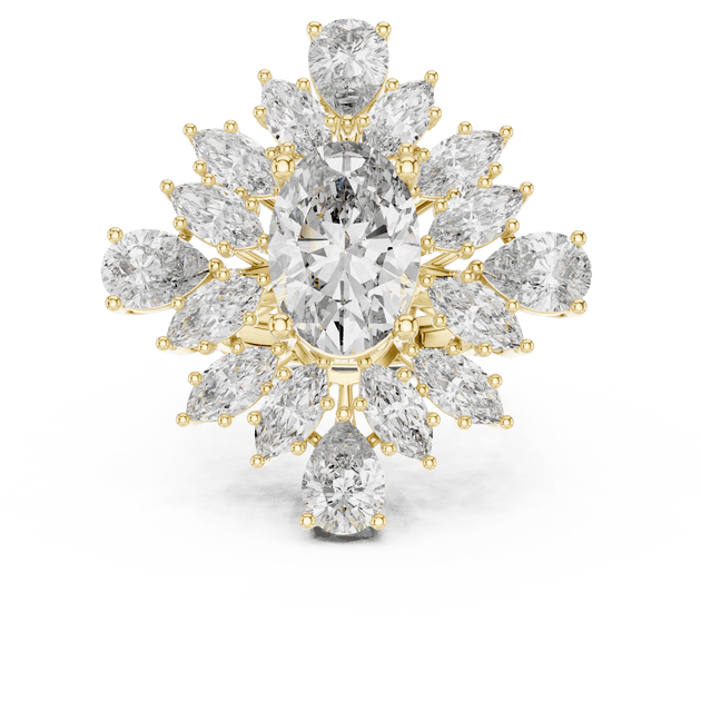 18K Yellow Gold Diamond Cocktail Ring featuring Oval Starburst Marquise Pave style with Luxury finish for women - Perfect Statement & Bridal Gift - Top View