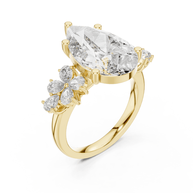 18K Yellow Gold Diamond Engagement Ring featuring Pear Shaped Floral Cluster style with Luxury finish for women - Perfect Bridal & Anniversary Gift - 45 Degree Angled View