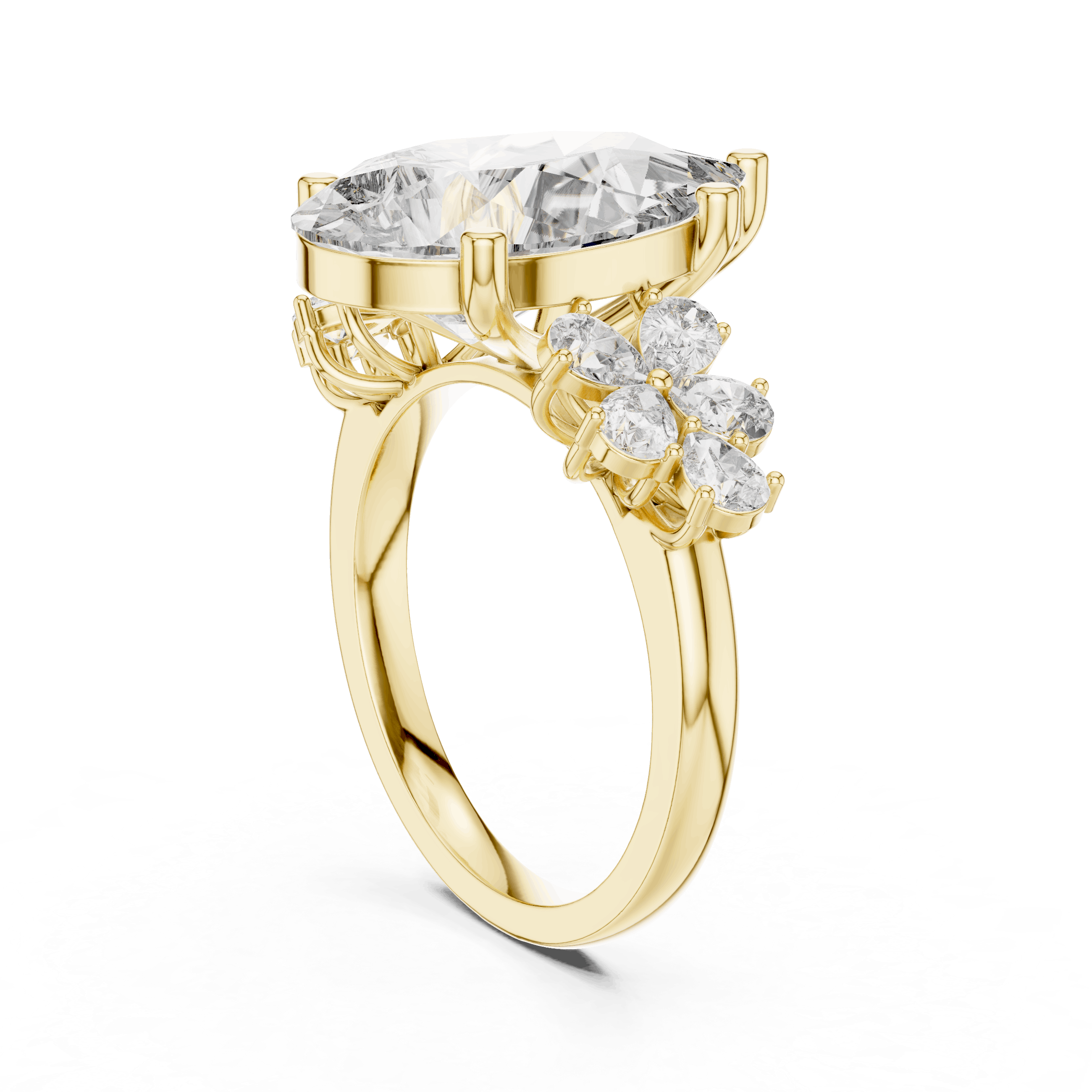 18K Yellow Gold Diamond Engagement Ring featuring Pear Shaped Floral Cluster style with Luxury finish for women - Perfect Bridal & Anniversary Gift - 45 Degree Angled View