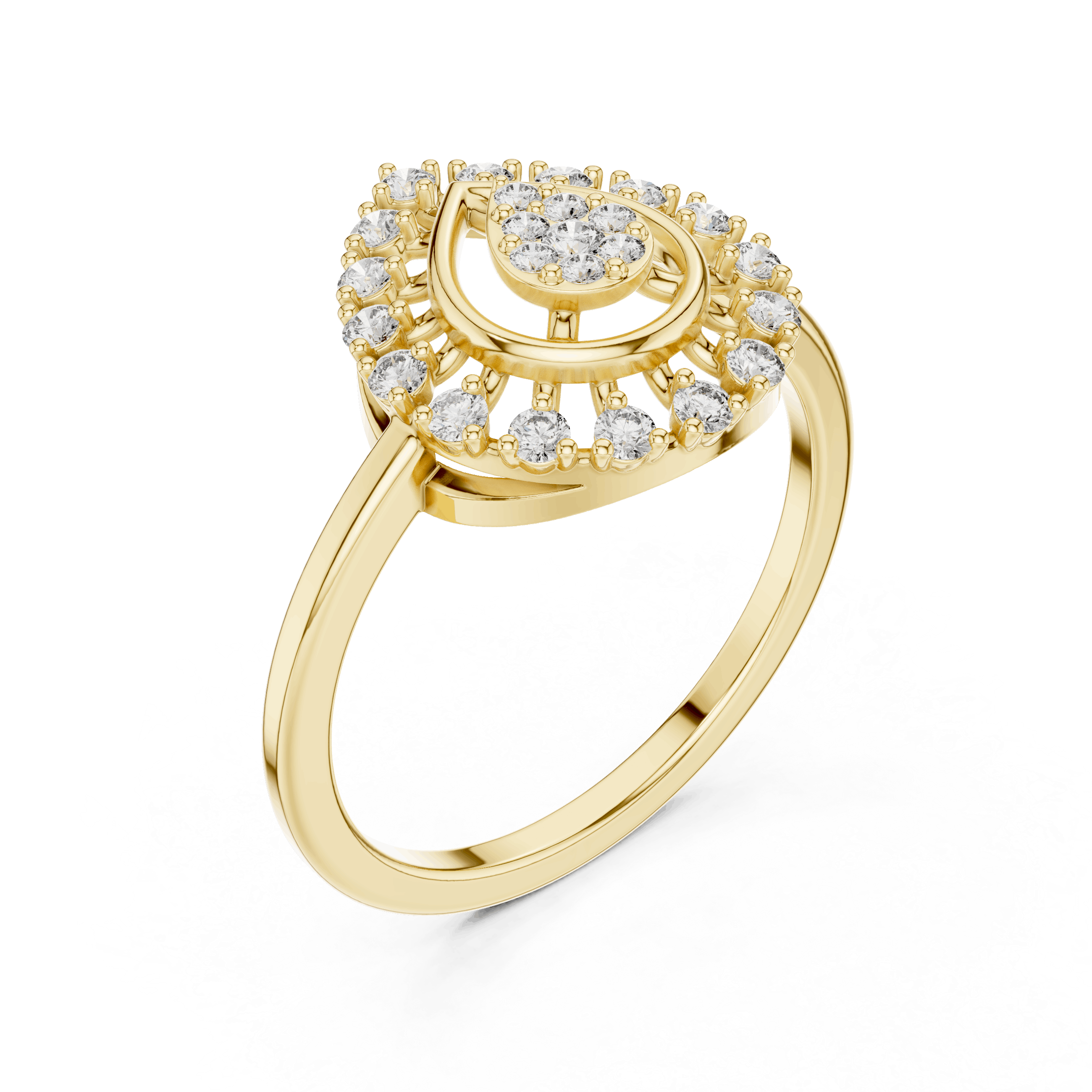 18K Yellow Gold Diamond Engagement Ring featuring Pear Shaped Open Lace Halo Cluster style with Luxury finish for women - Perfect Bridal & Anniversary Gift - 45 Degree Angled View